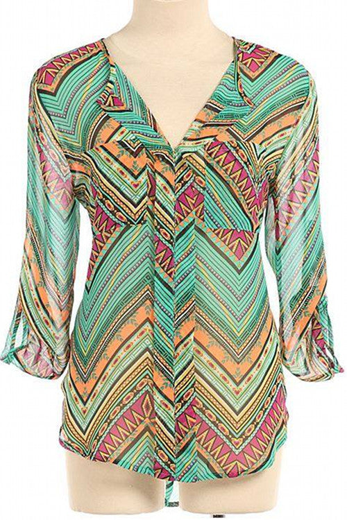 Ethnic Print Roll Sleeve Blouse