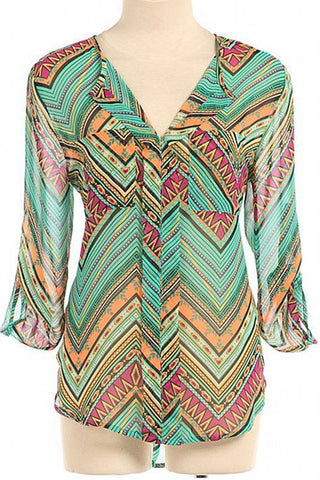 Ethnic Print Roll Sleeve Blouse